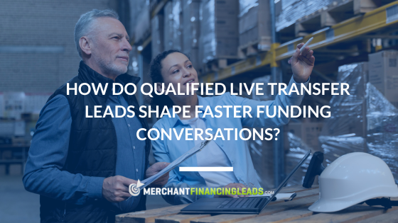 Business owners discussing funding options in a warehouse setting representing qualified live transfer leads for merchant cash advance funding conversations